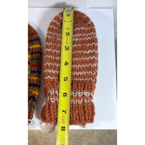 Hand Knitted Mittens Kids Striped & Multicolor Brown 7.5" Long 2 Pairs Winter - Picture 4 of 5